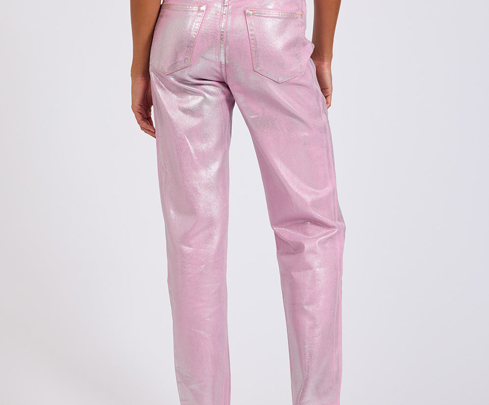 Awesome Baggies High Waist Straight Leg Denim Jeans- Pink Envy Foil