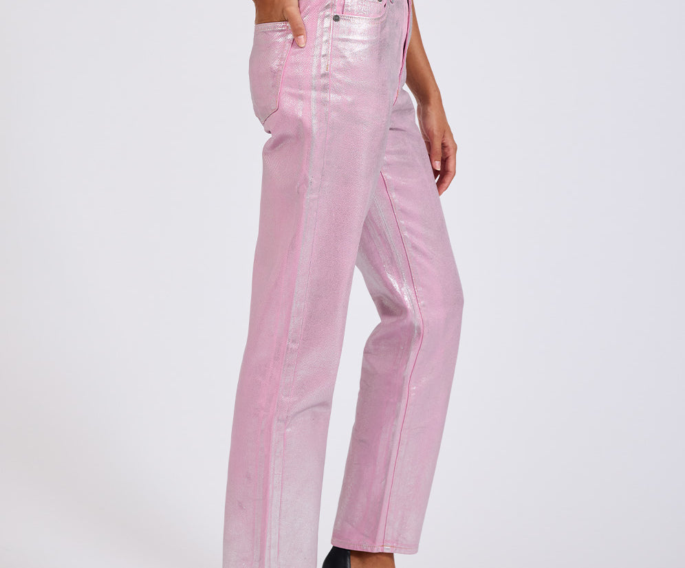 Awesome Baggies High Waist Straight Leg Denim Jeans- Pink Envy Foil