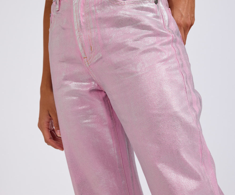 Awesome Baggies High Waist Straight Leg Denim Jeans- Pink Envy Foil