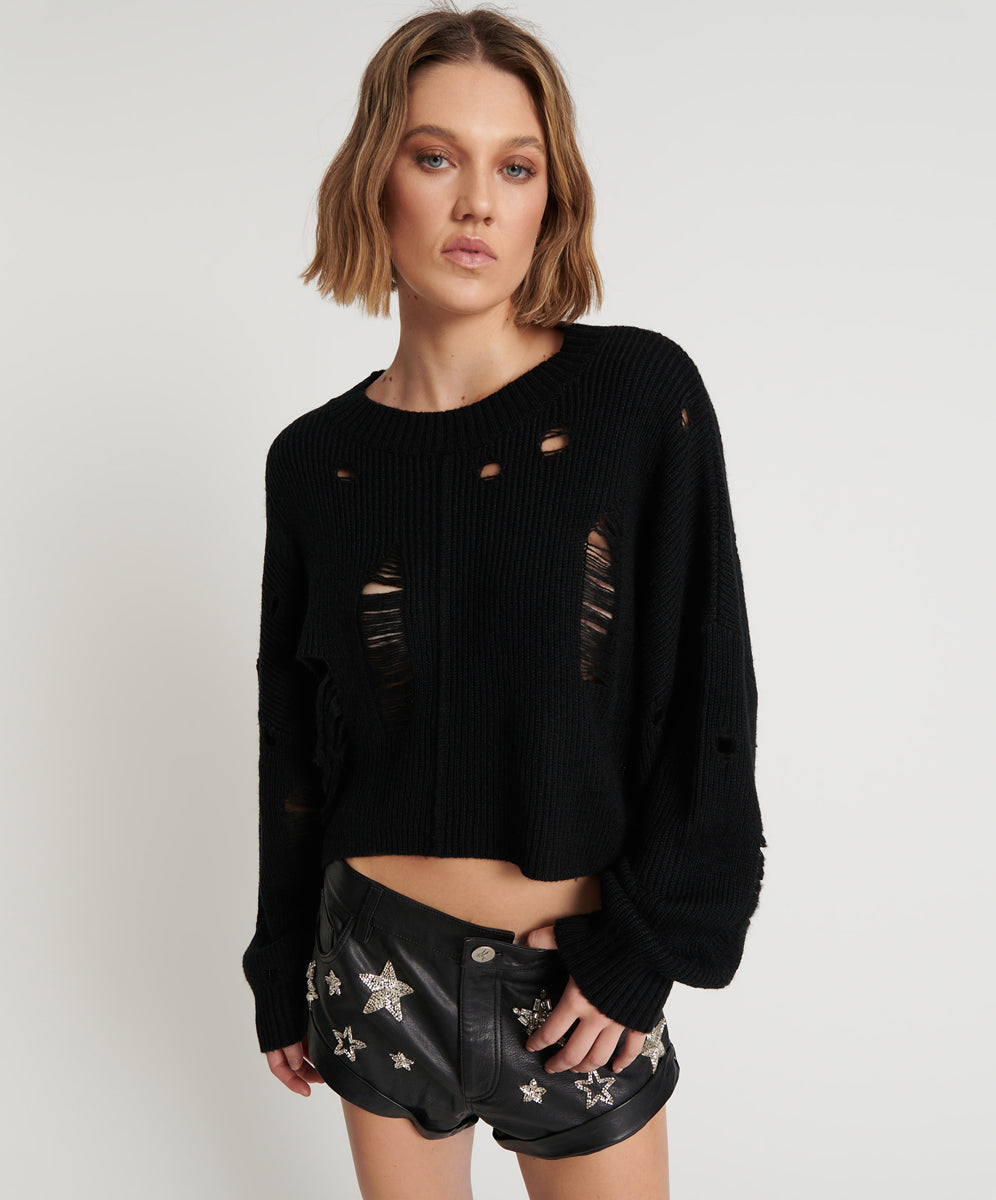 Products Cropped Hercules Shredded Sweater - Black