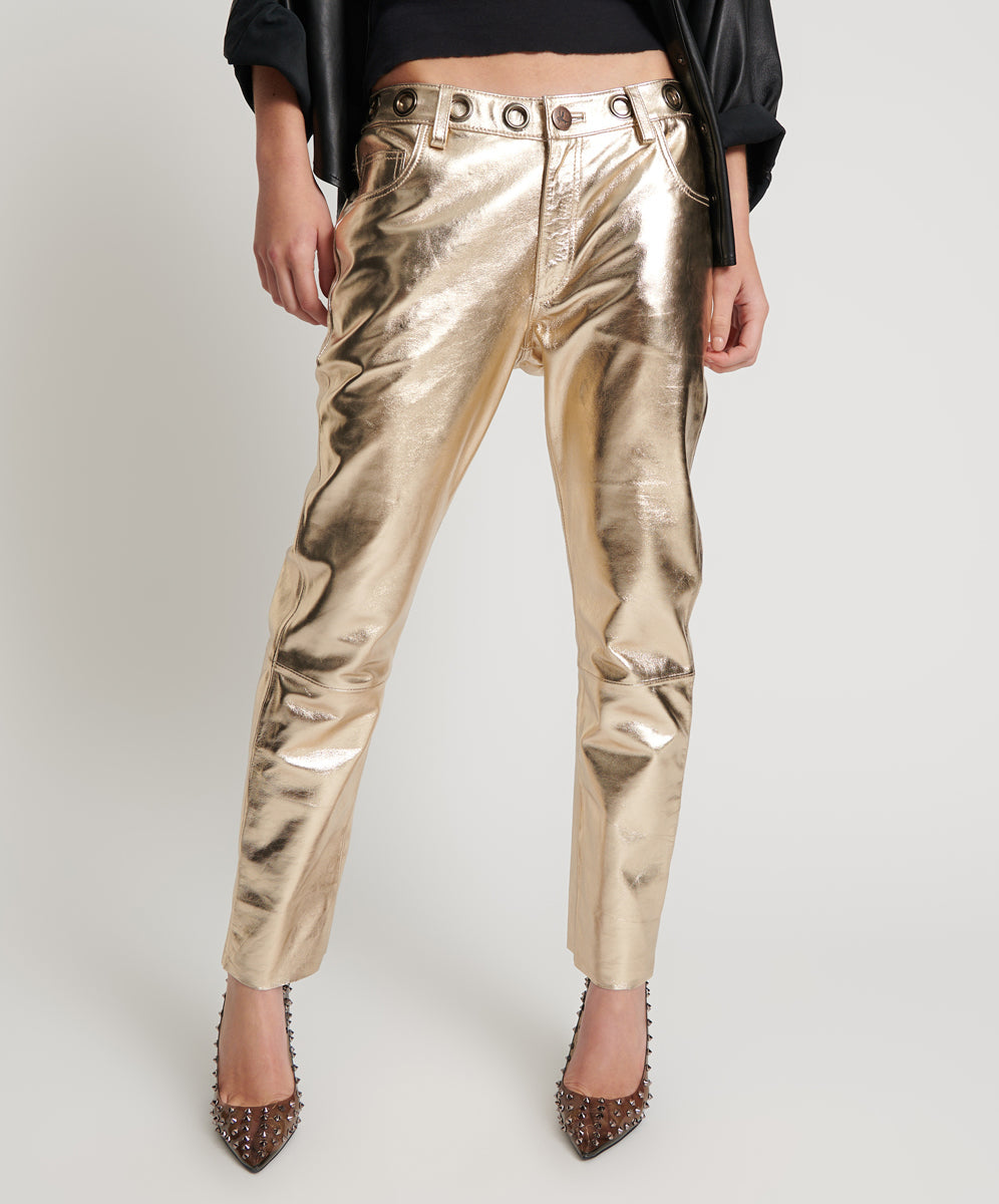 Products GOLD LEATHER HEART BREAK HOTEL DROP CROTCH PANTS