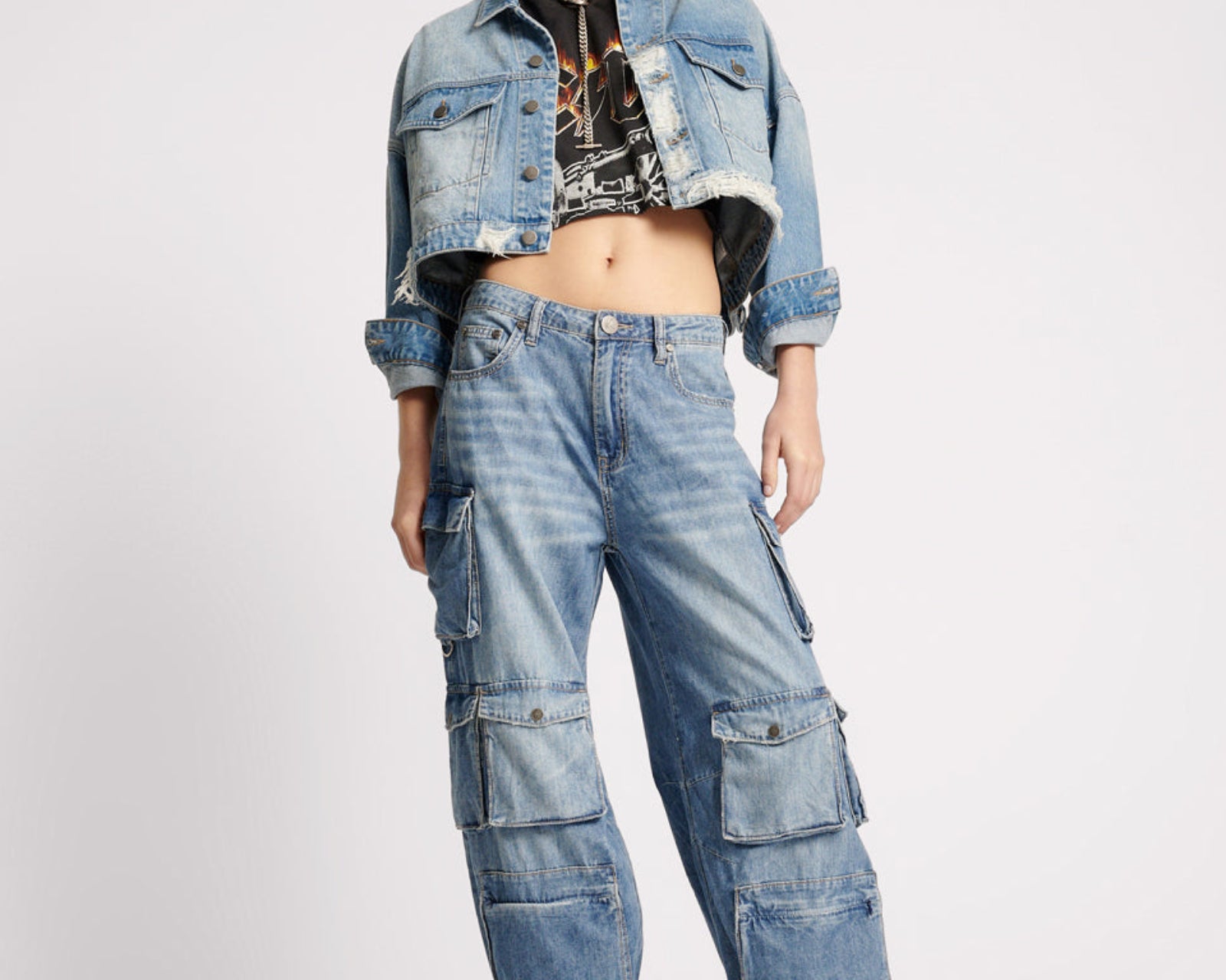 Studded Cropped Denim Jacket - Faded Blue