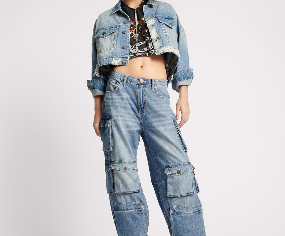 Studded Cropped Denim Jacket - Faded Blue