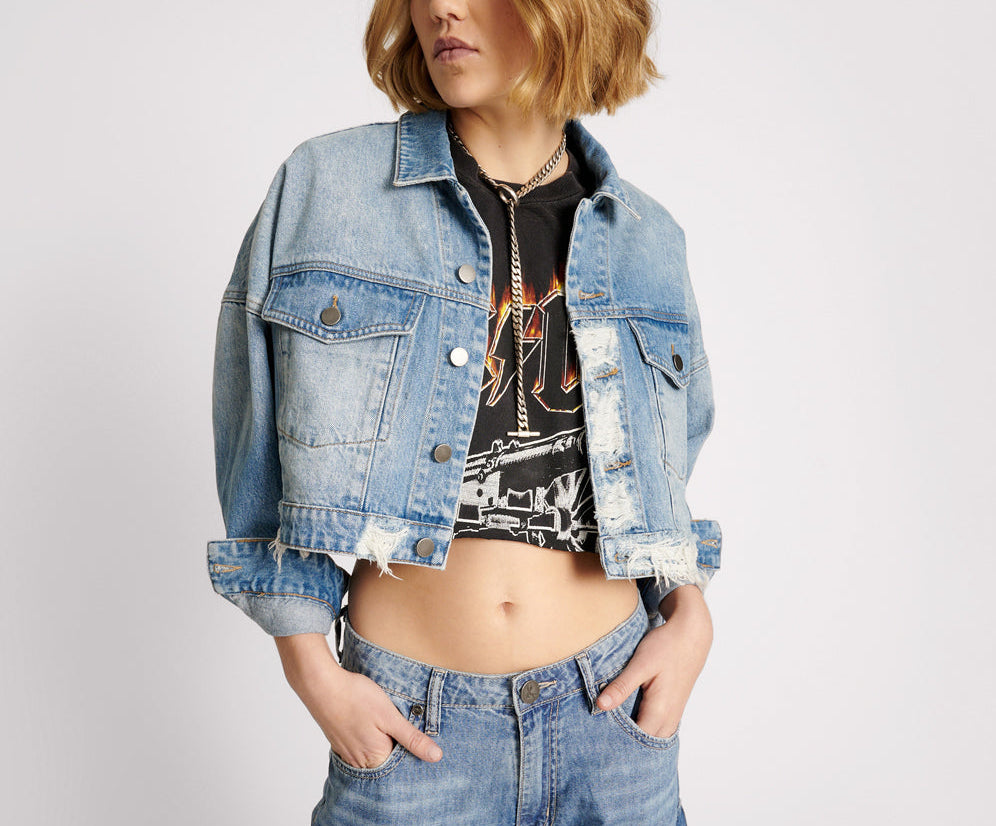 Studded Cropped Denim Jacket - Faded Blue