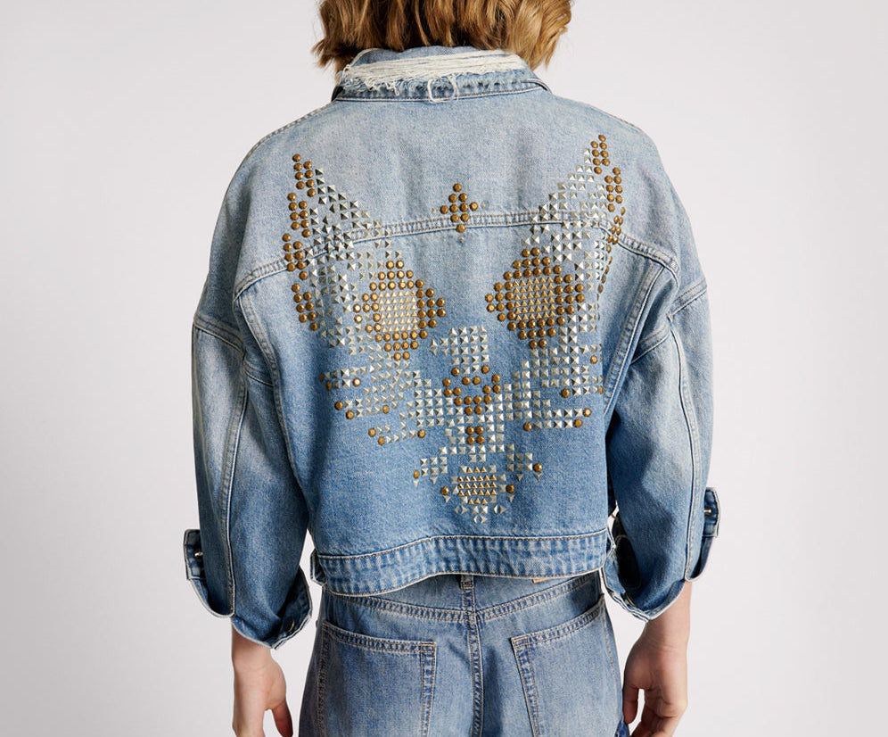 Studded Cropped Denim Jacket - Faded Blue