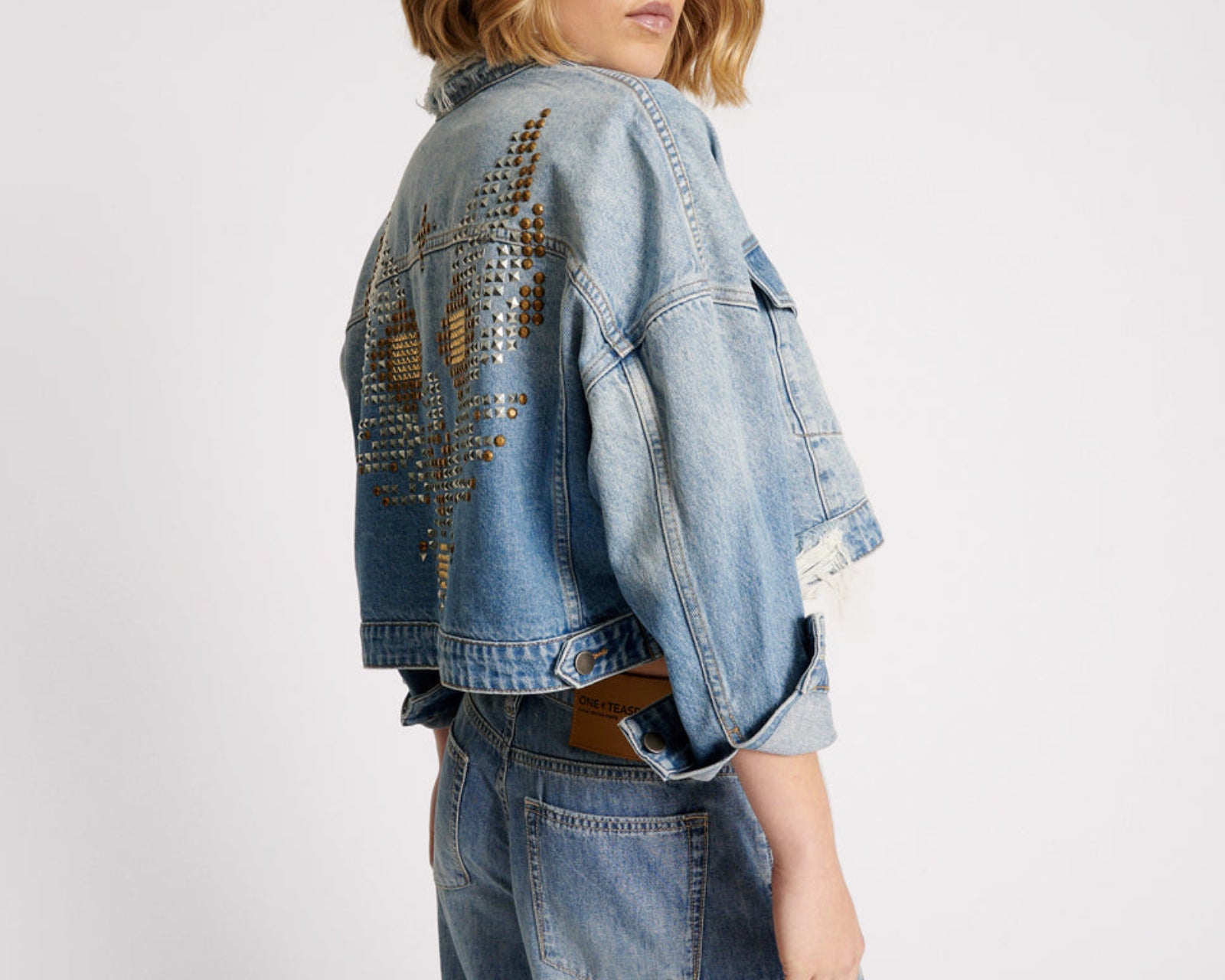 Studded Cropped Denim Jacket - Faded Blue
