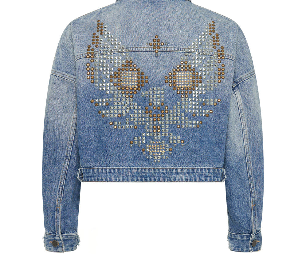 Studded Cropped Denim Jacket - Faded Blue
