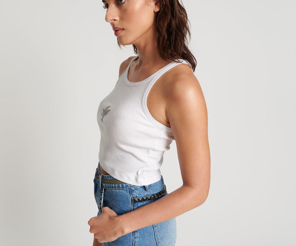CROPPED BOWER BIRD RIBBED TANK TOP WHITE