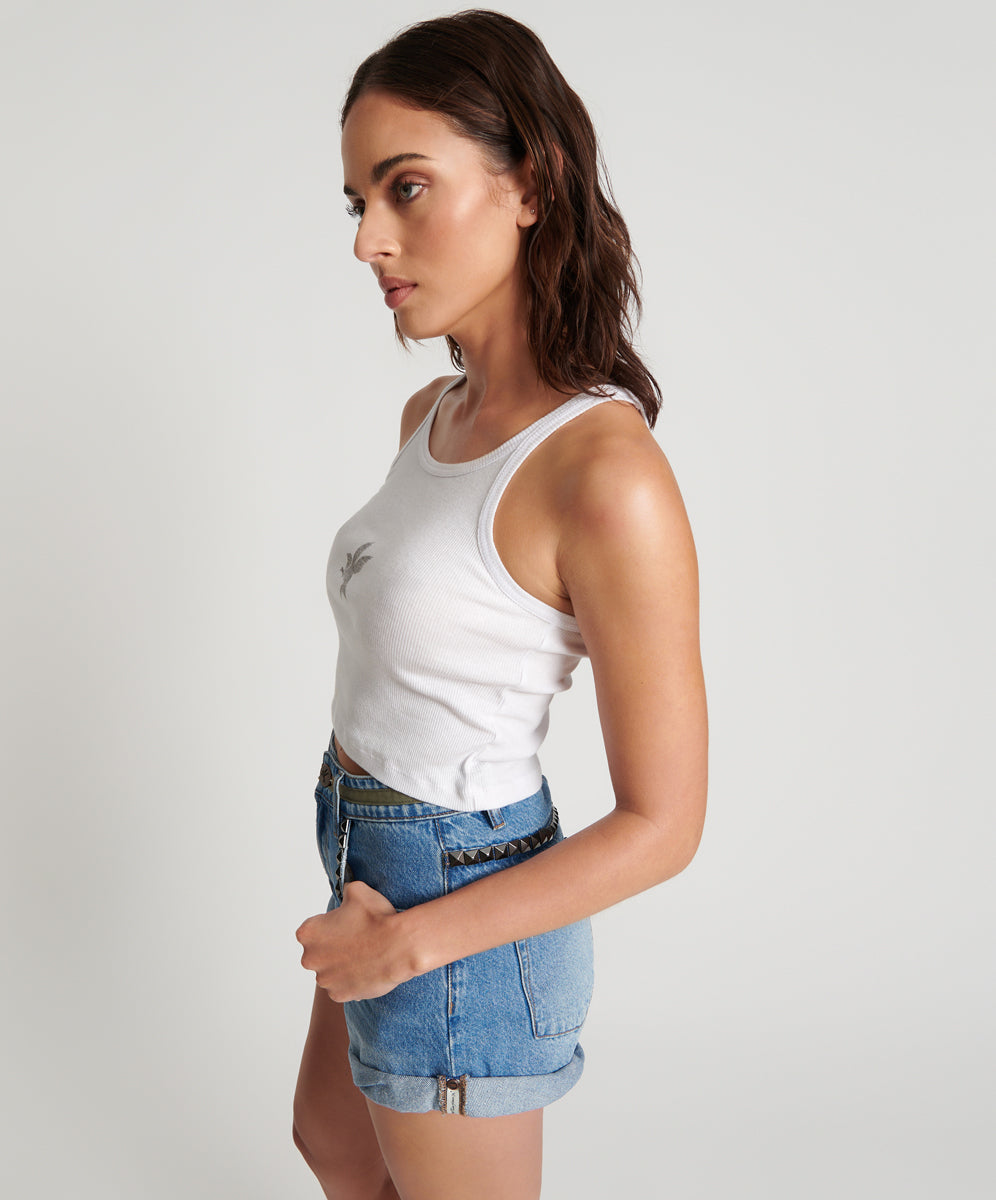 Products CROPPED BOWER BIRD RIBBED TANK TOP WHITE