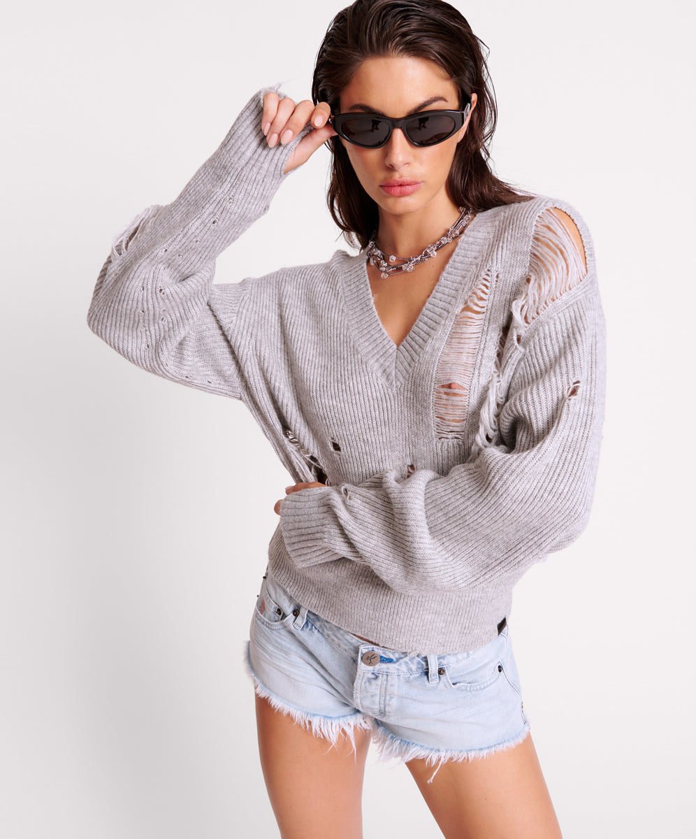 Products Laddered V-Neck Distressed Sweater - Grey Marle