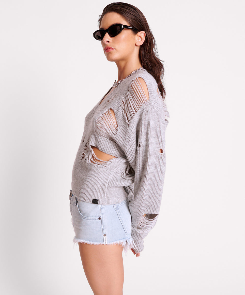 Products Laddered V-Neck Distressed Sweater - Grey Marle