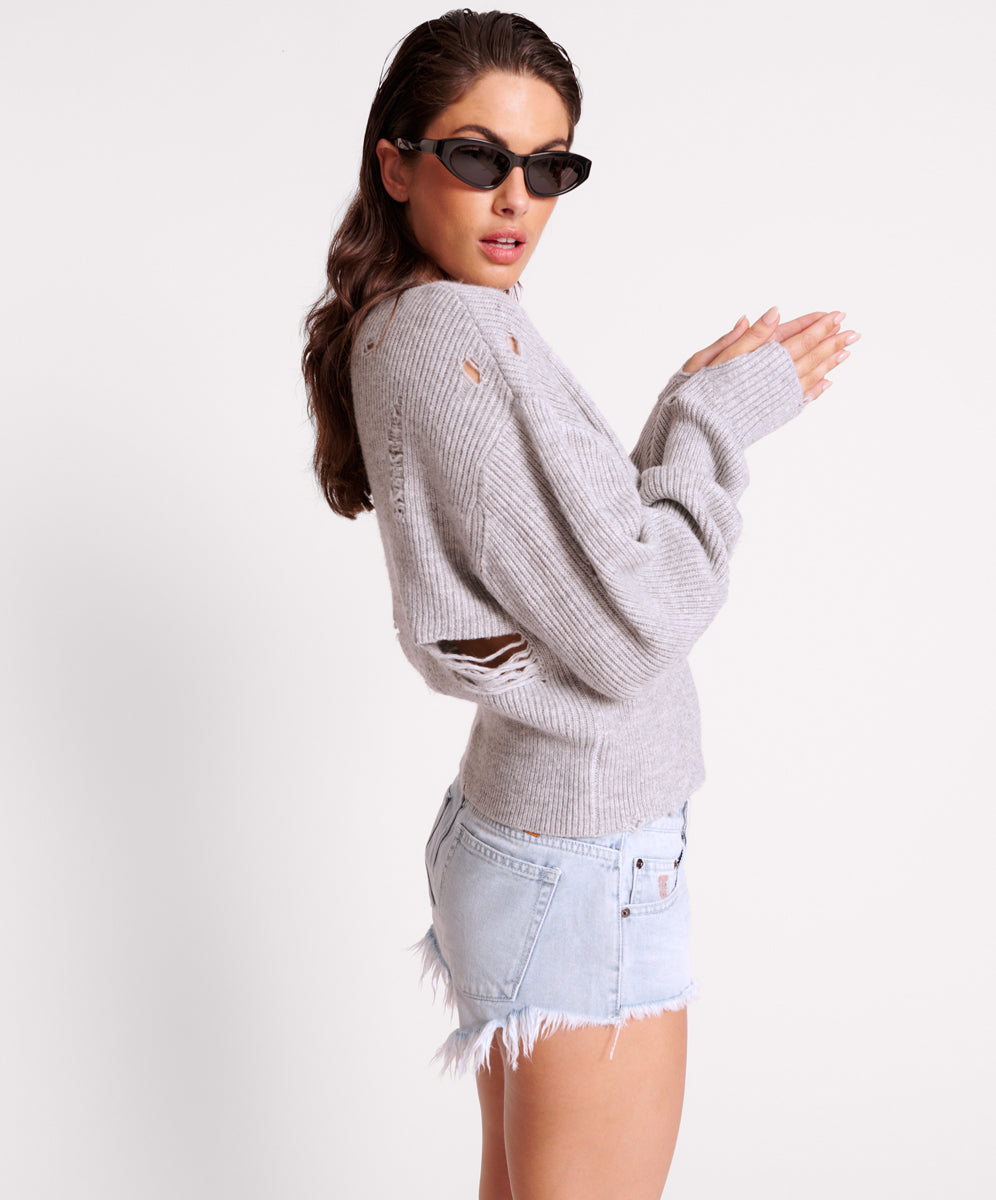 Products Laddered V-Neck Distressed Sweater - Grey Marle