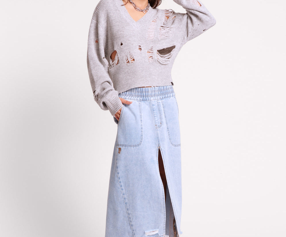 Shabby Mid Waist Long Length Denim Skirt - Blue Latte