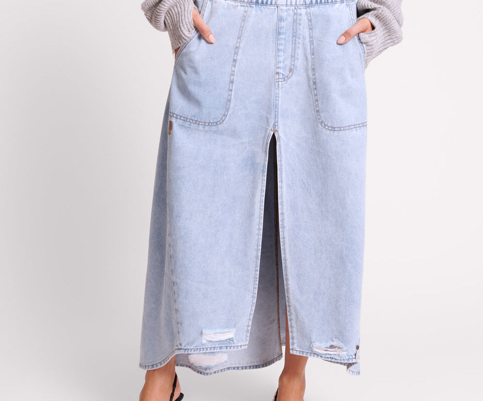 Shabby Mid Waist Long Length Denim Skirt - Blue Latte