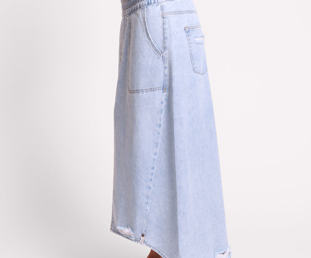 Shabby Mid Waist Long Length Denim Skirt - Blue Latte