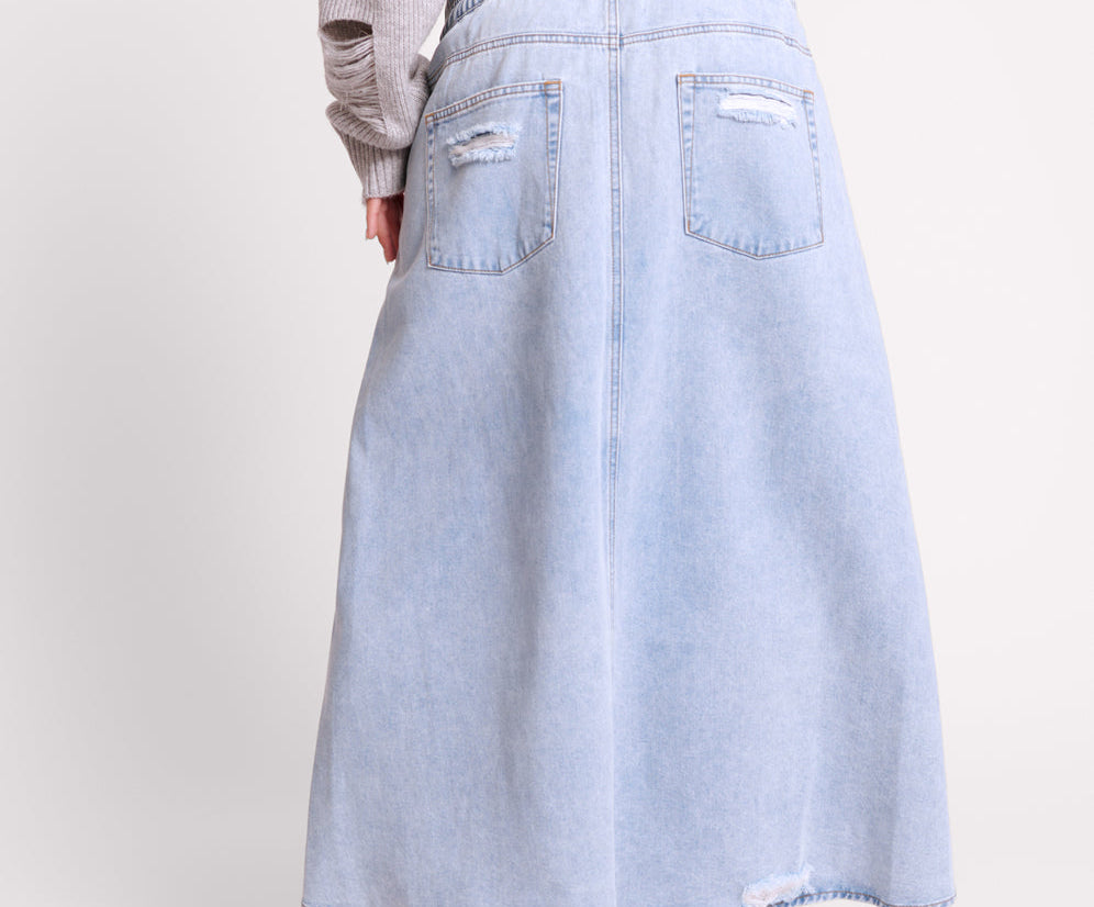 Shabby Mid Waist Long Length Denim Skirt - Blue Latte