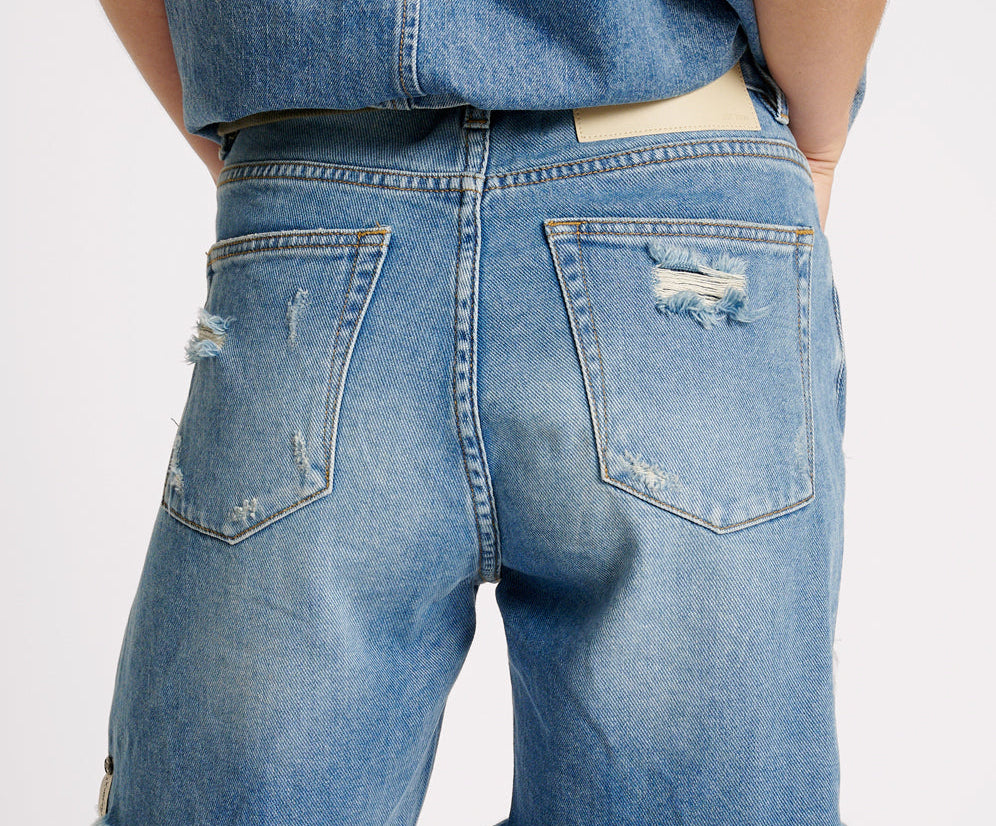 Stevies High Waist Long Length Boyfriend Denim Shorts - Blue Rapture