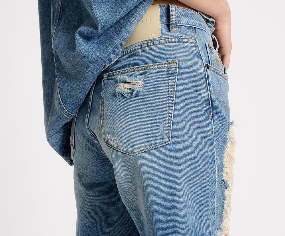Stevies High Waist Long Length Boyfriend Denim Shorts - Blue Rapture