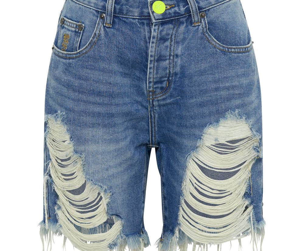 Stevies High Waist Long Length Boyfriend Denim Shorts - Blue Rapture