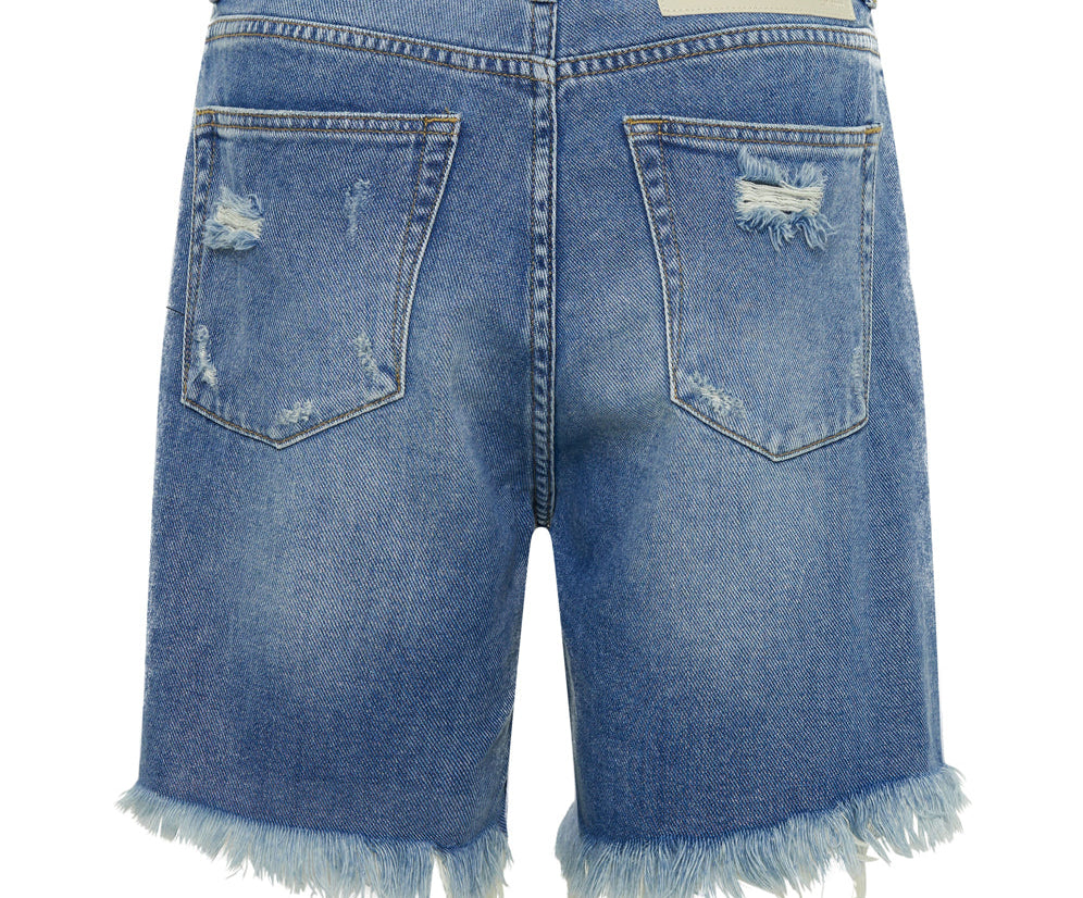 Stevies High Waist Long Length Boyfriend Denim Shorts - Blue Rapture