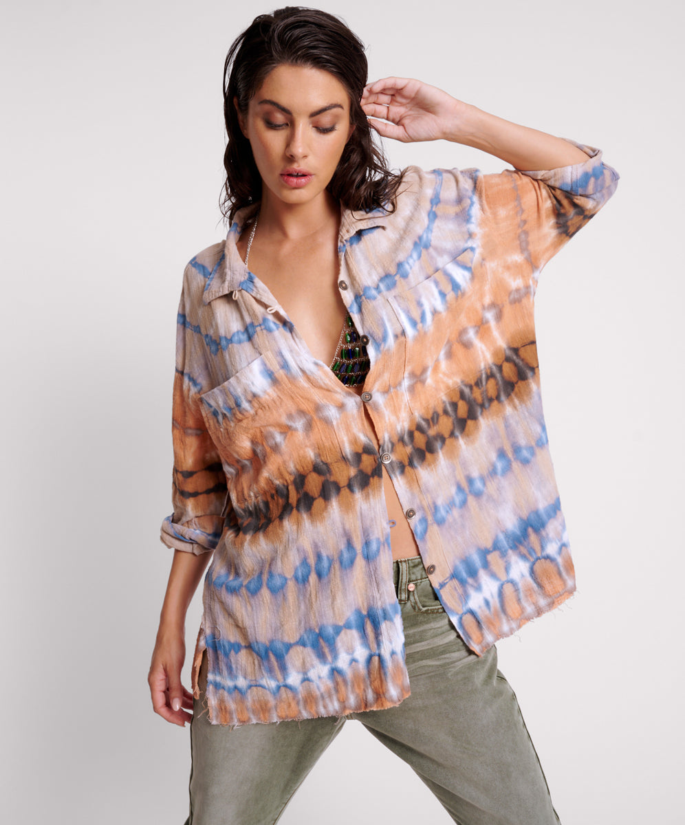 Last Stock MIRAGE HAND TIE DYED MUSLIN LONG LINE SHIRT