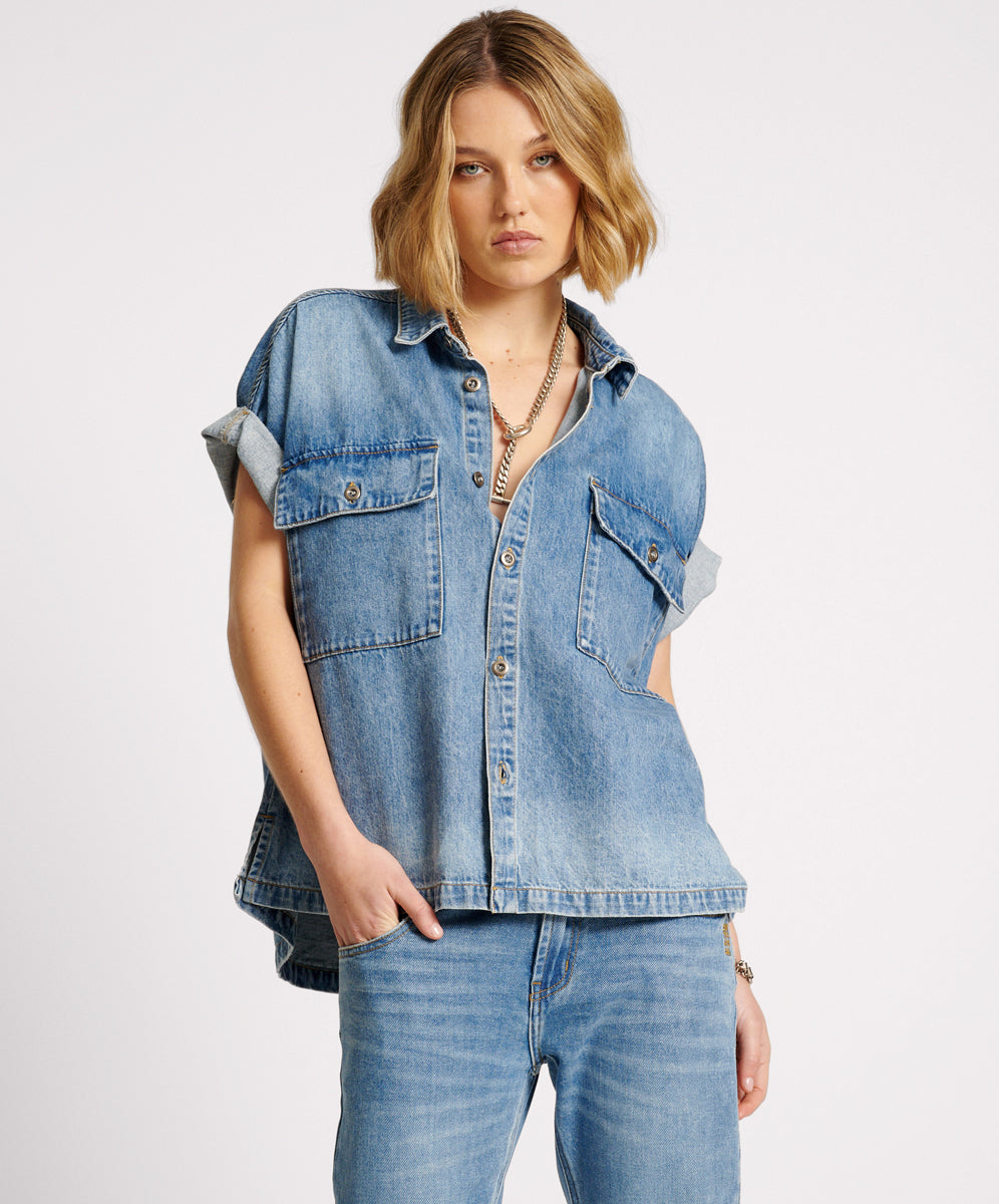 Products BLUE RAPTURE CUT OFF DENIM SHIRT