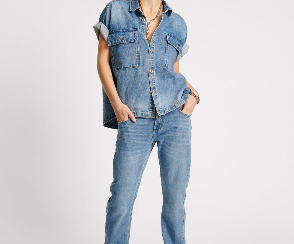 BLUE RAPTURE CUT OFF DENIM SHIRT