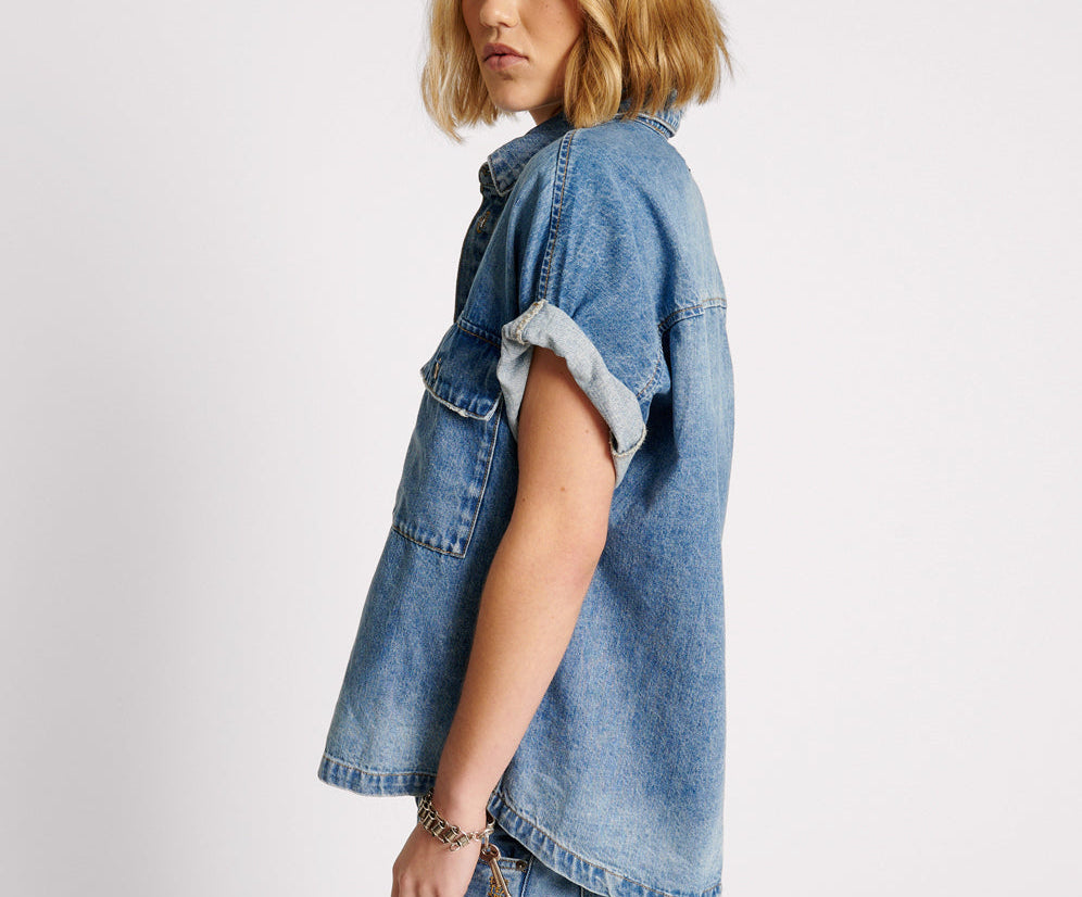 BLUE RAPTURE CUT OFF DENIM SHIRT