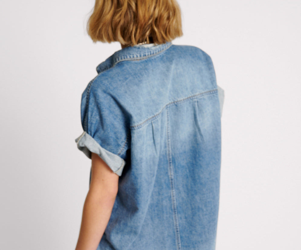 BLUE RAPTURE CUT OFF DENIM SHIRT