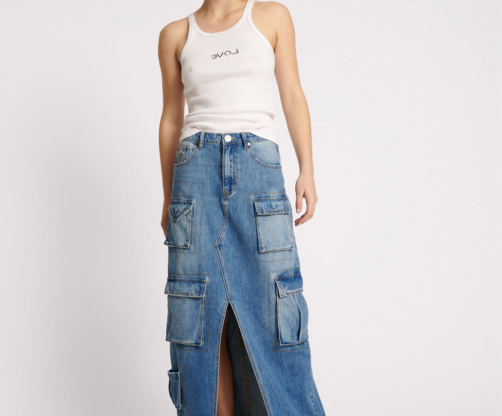 90S Cargo Pocket Column Denim Skirt - Pacifica