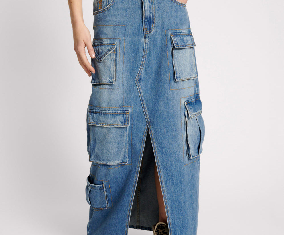90S Cargo Pocket Column Denim Skirt - Pacifica