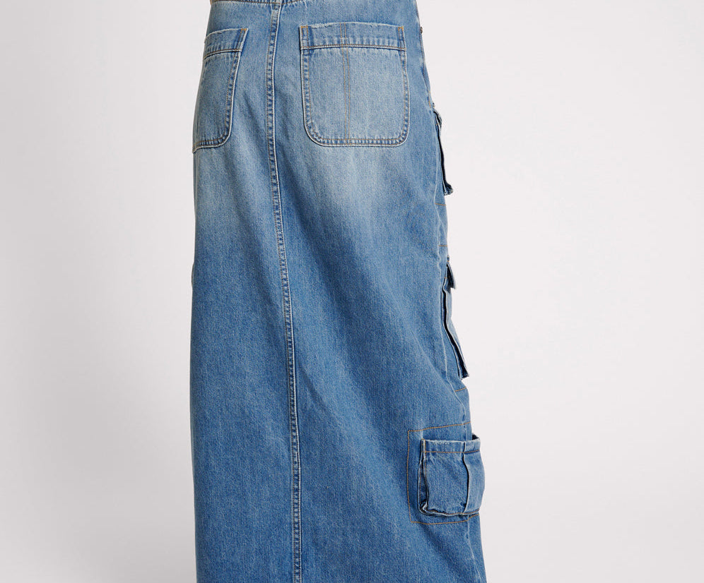 90S Cargo Pocket Column Denim Skirt - Pacifica