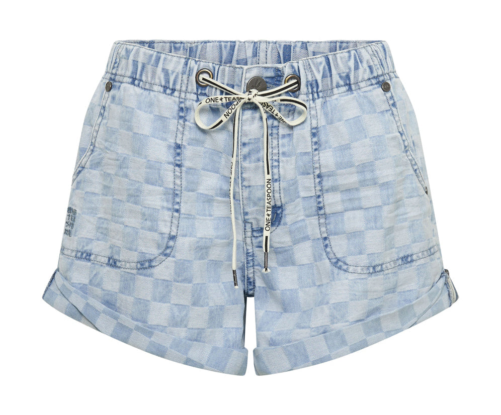 Shabby Bandits Low Waist Drawstring Denim Shorts - Blue Check