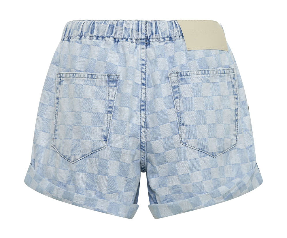 Shabby Bandits Low Waist Drawstring Denim Shorts - Blue Check