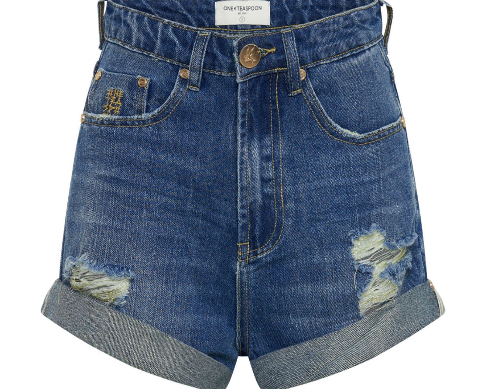 Bandits High Waist Foil Denim Shorts - Blue Shredded Gold