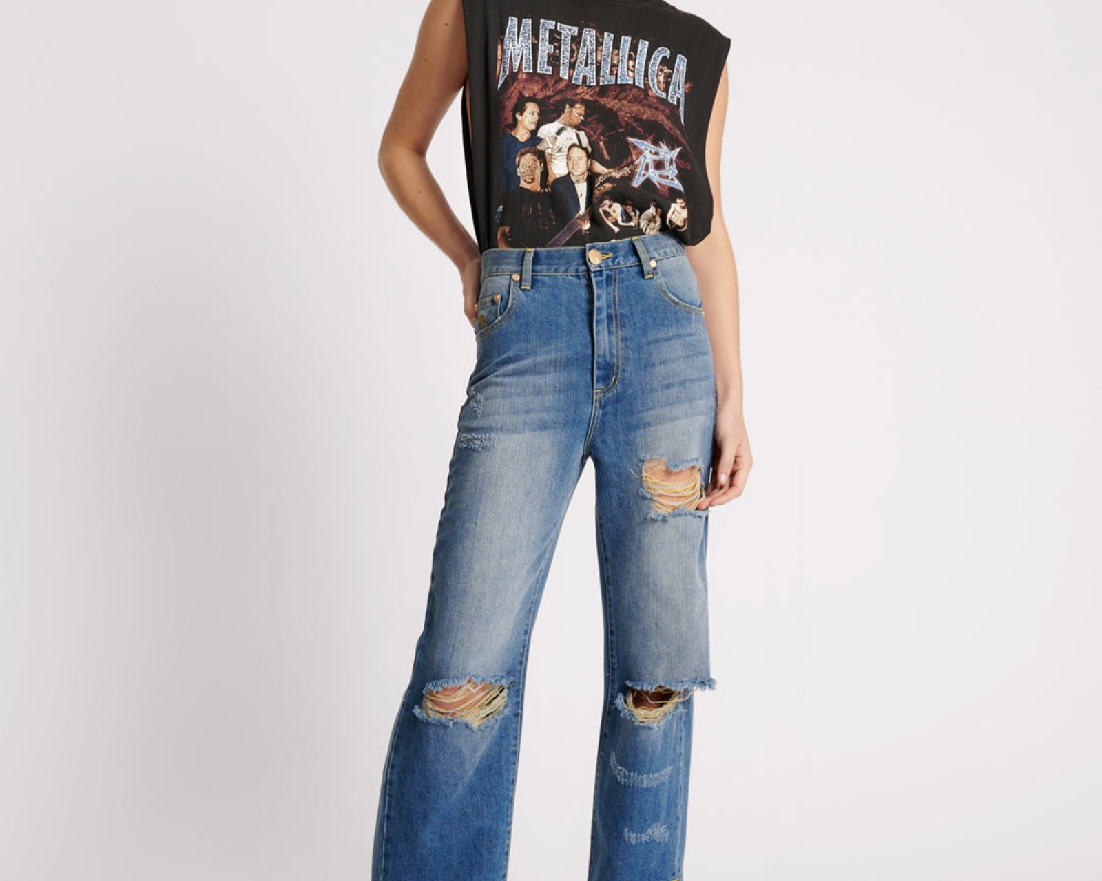 Billie Low Slung Straight Leg Mid Waist Denim Jeans - Shredded Gold