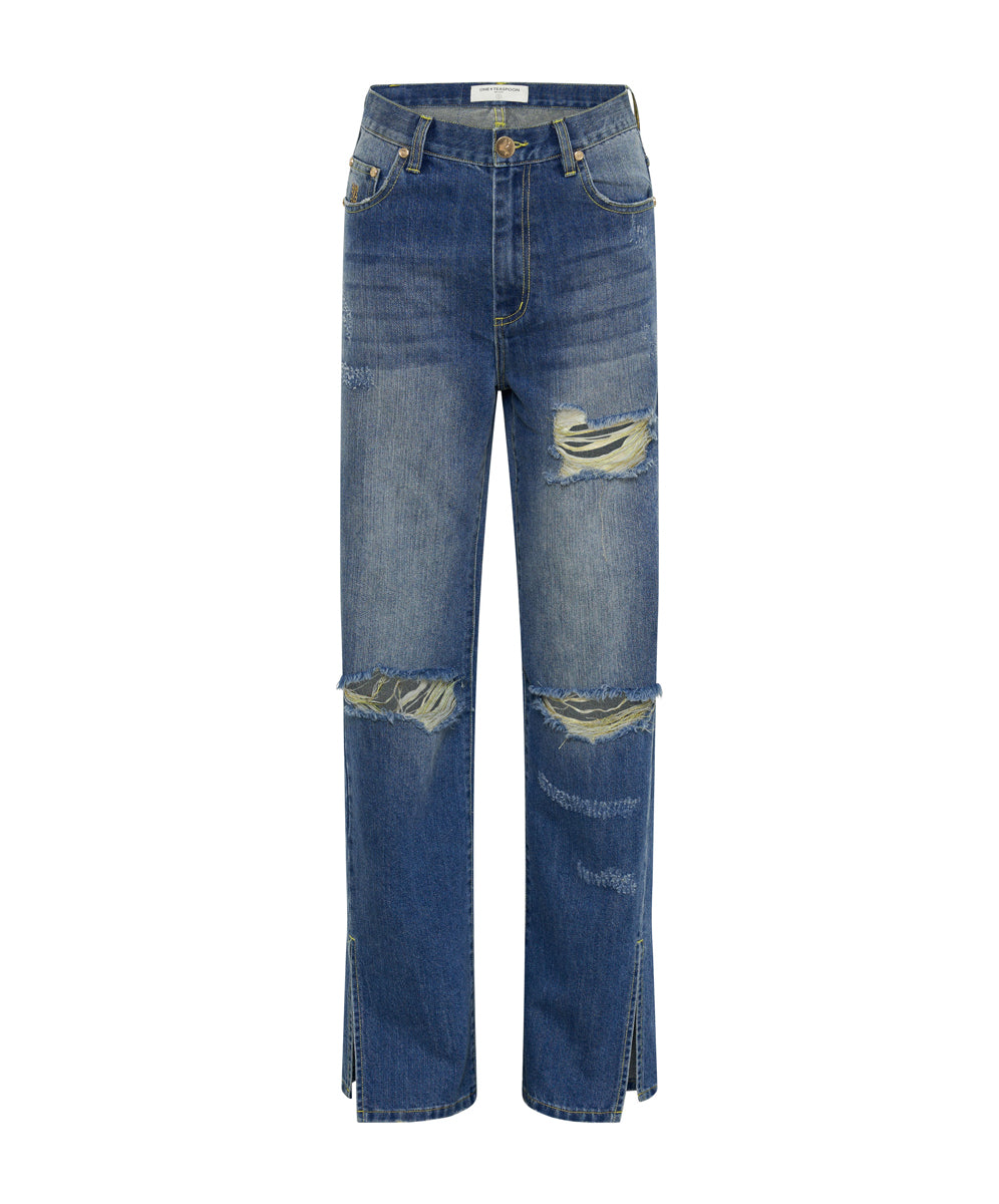 Women's Denim Jeans Billie Low Slung Straight Leg Mid Waist Denim Jeans - Shredded Gold