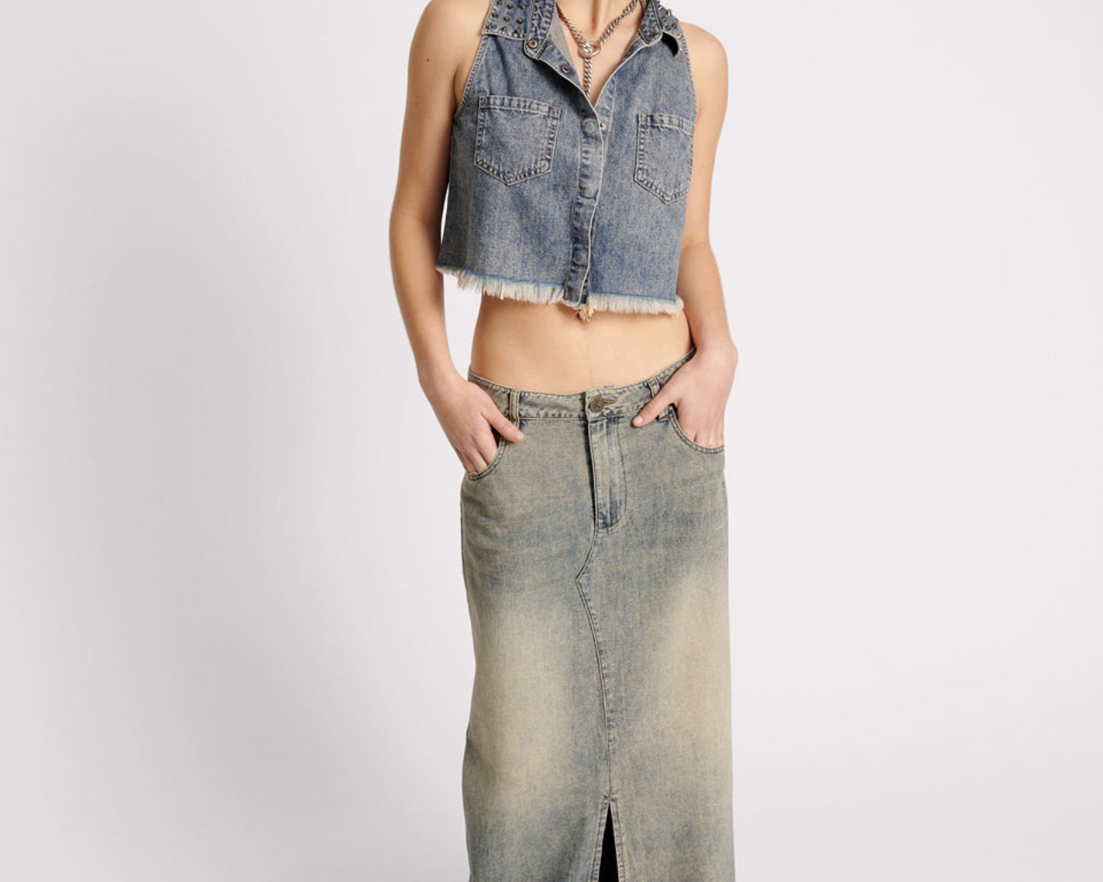 Braxton Studded Denim Top - Dirty Blue