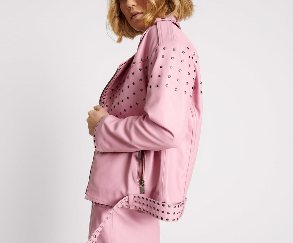 RIZZO PINK STUDDED LEATHER MOTO JACKET