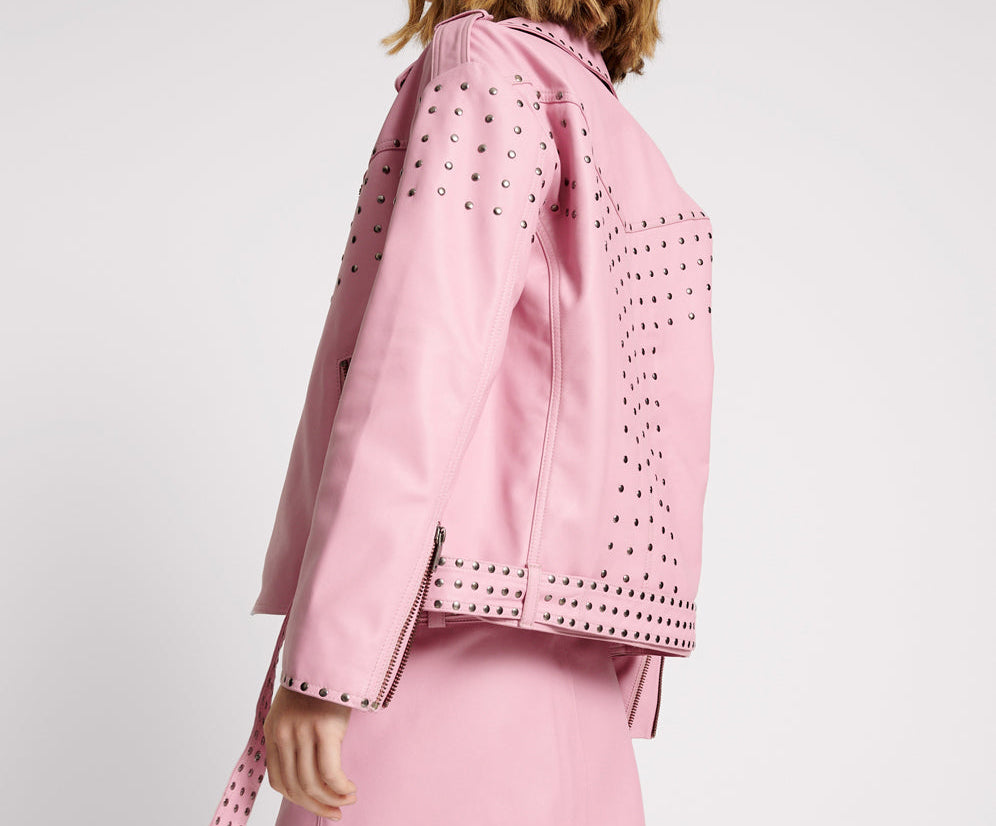 RIZZO PINK STUDDED LEATHER MOTO JACKET