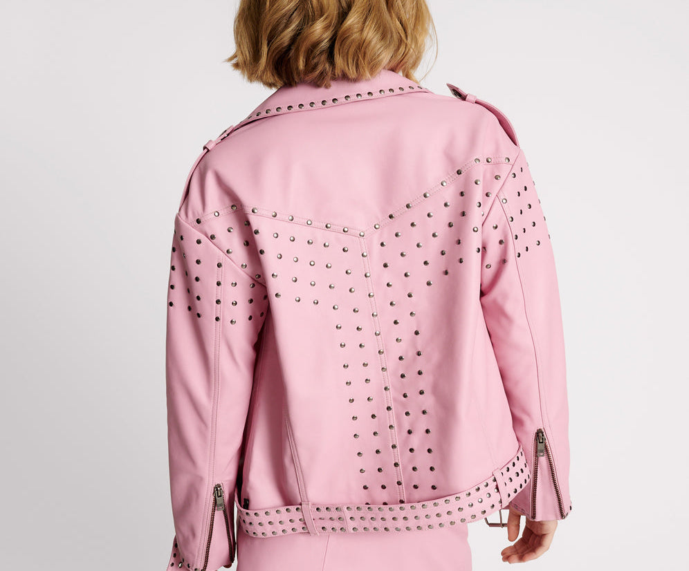 RIZZO PINK STUDDED LEATHER MOTO JACKET