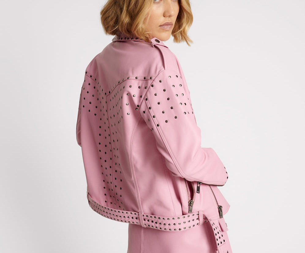 RIZZO PINK STUDDED LEATHER MOTO JACKET