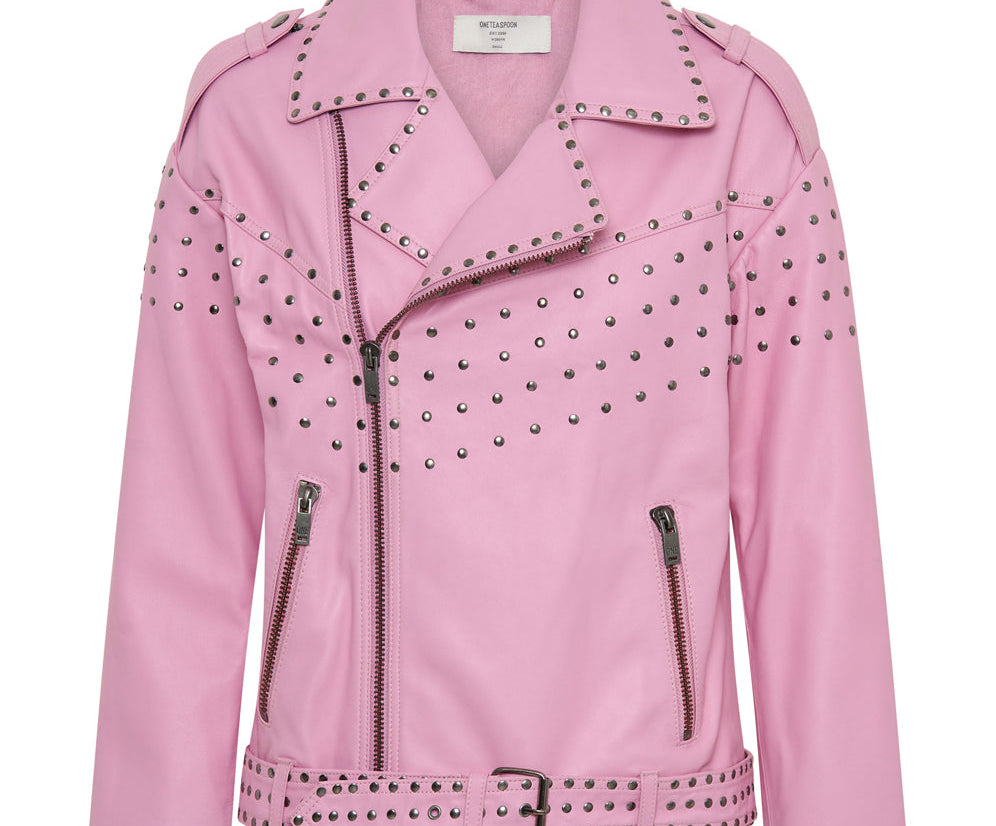 RIZZO PINK STUDDED LEATHER MOTO JACKET