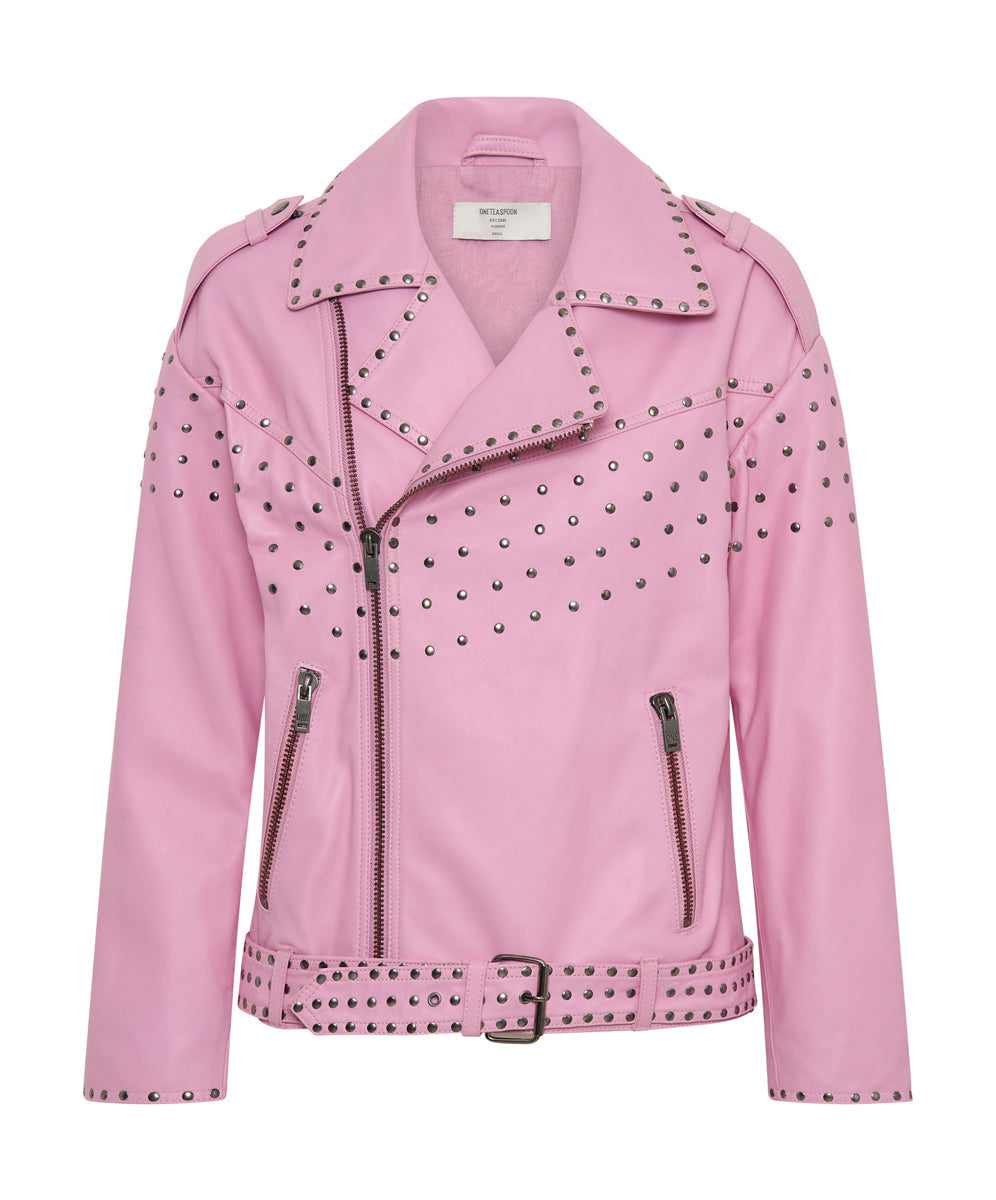 Last Stock RIZZO PINK STUDDED LEATHER MOTO JACKET