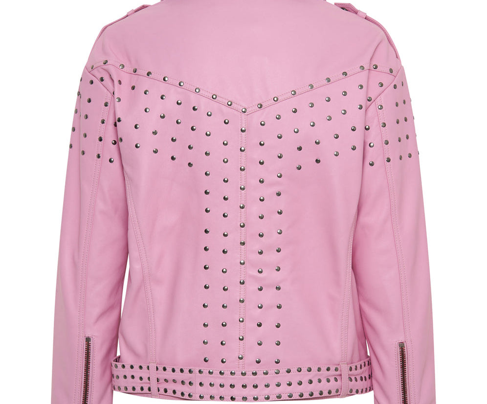 RIZZO PINK STUDDED LEATHER MOTO JACKET