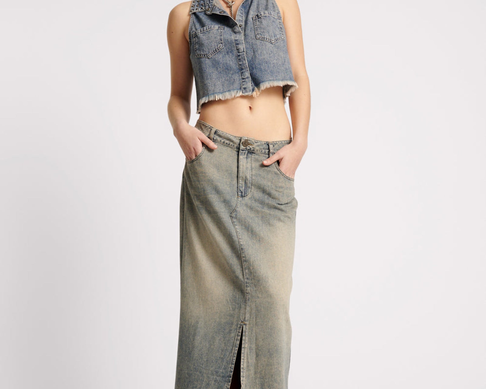 Denim Low Waist Column Skirt - Dirty Blue