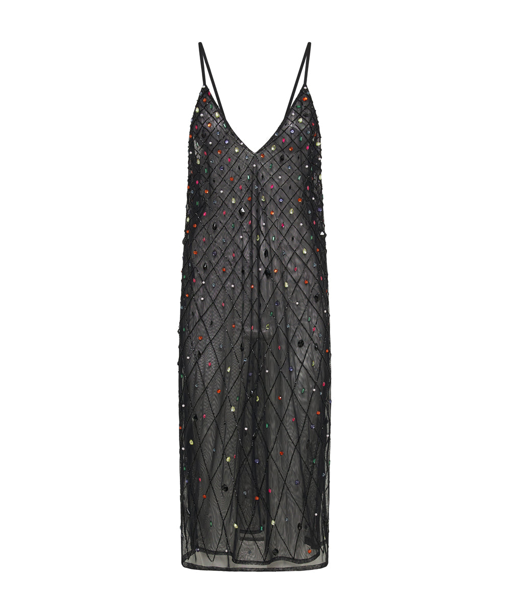 Stellar Jewel Hand Beaded Slip Midi Dress - Black