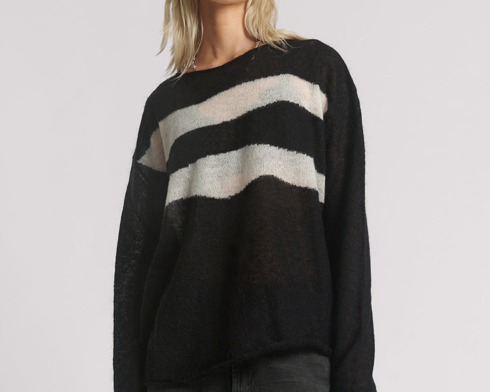 Vivianne Wide Neck Stripe Mohair Sweater - Black White