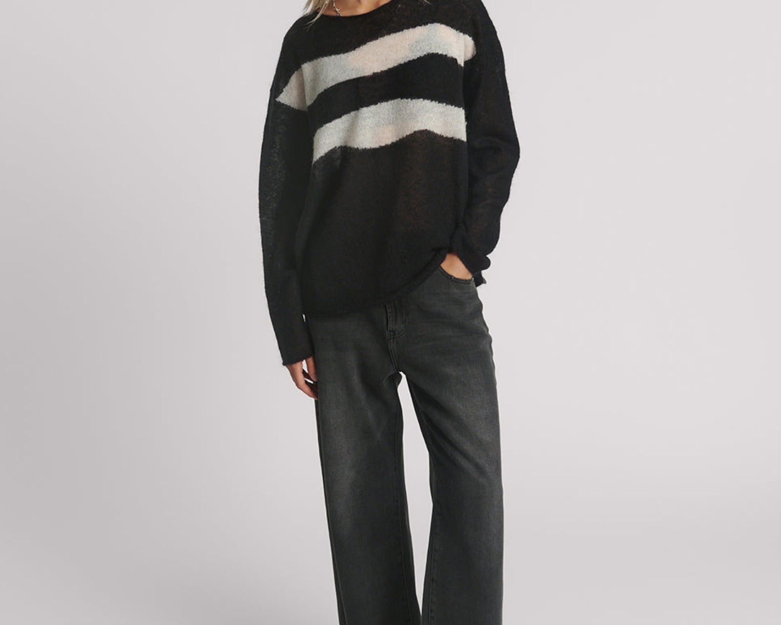 Vivianne Wide Neck Stripe Mohair Sweater - Black White