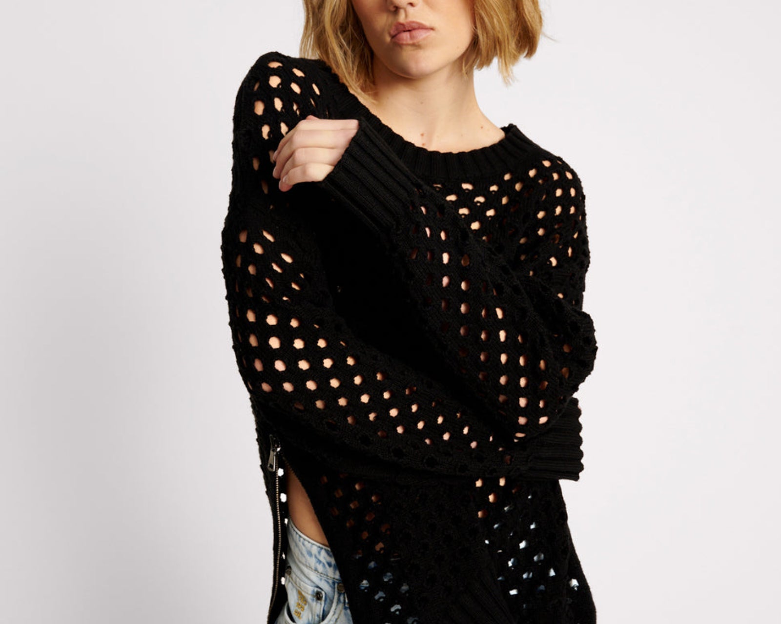 Knitted Fishnet Zip Side Sweater - Black